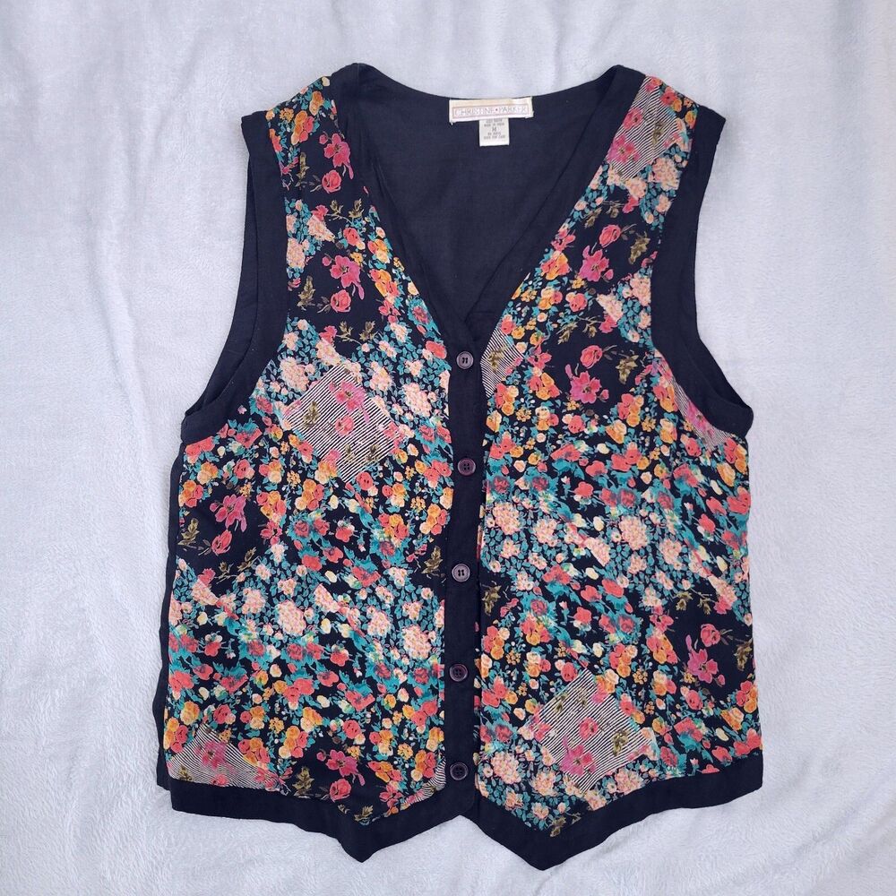 CHRISTINE PARKER Floral Patchwork Top Size M Semi Sheer Rayon Boho Fairy 90s